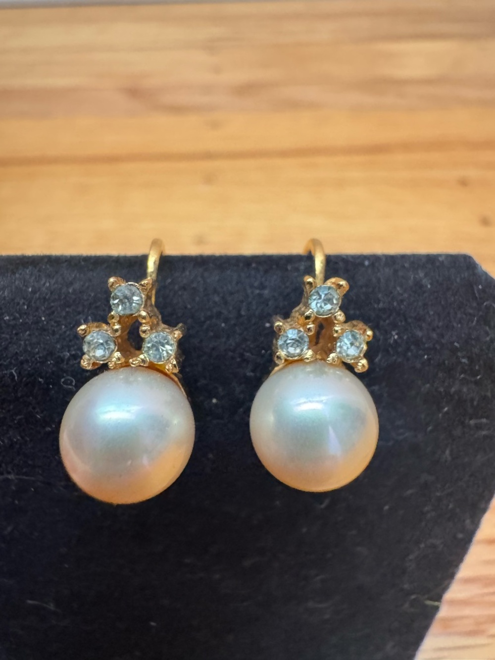 Majorica Vintage Faux Pearl & Rhinestone Omega Back Clip On Earrings Gold Tone